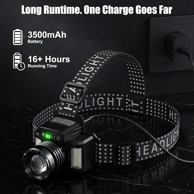 SKYFIRE Rechargeable Headlamp High Lumens, 10 Modes Super Bright LED Head lamp with Yellow & White Light, Motion Sensor, COB Side Light, Zoomable, IPX6 Waterproof Headlight for Camping Hiking Running
