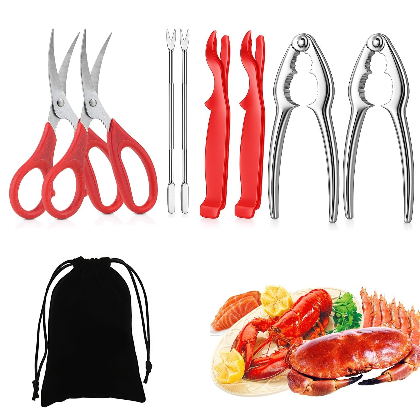 9 PCS Seafood Cracker Tool Set, Including 2 Lobster Sheller, 2 Stainless Steel Crab Crackers, 2 Crab Leg Fork, 2 Scissors and Storage Bag for Seafood Boil Party Supplies, Ideal Gift for Friends
