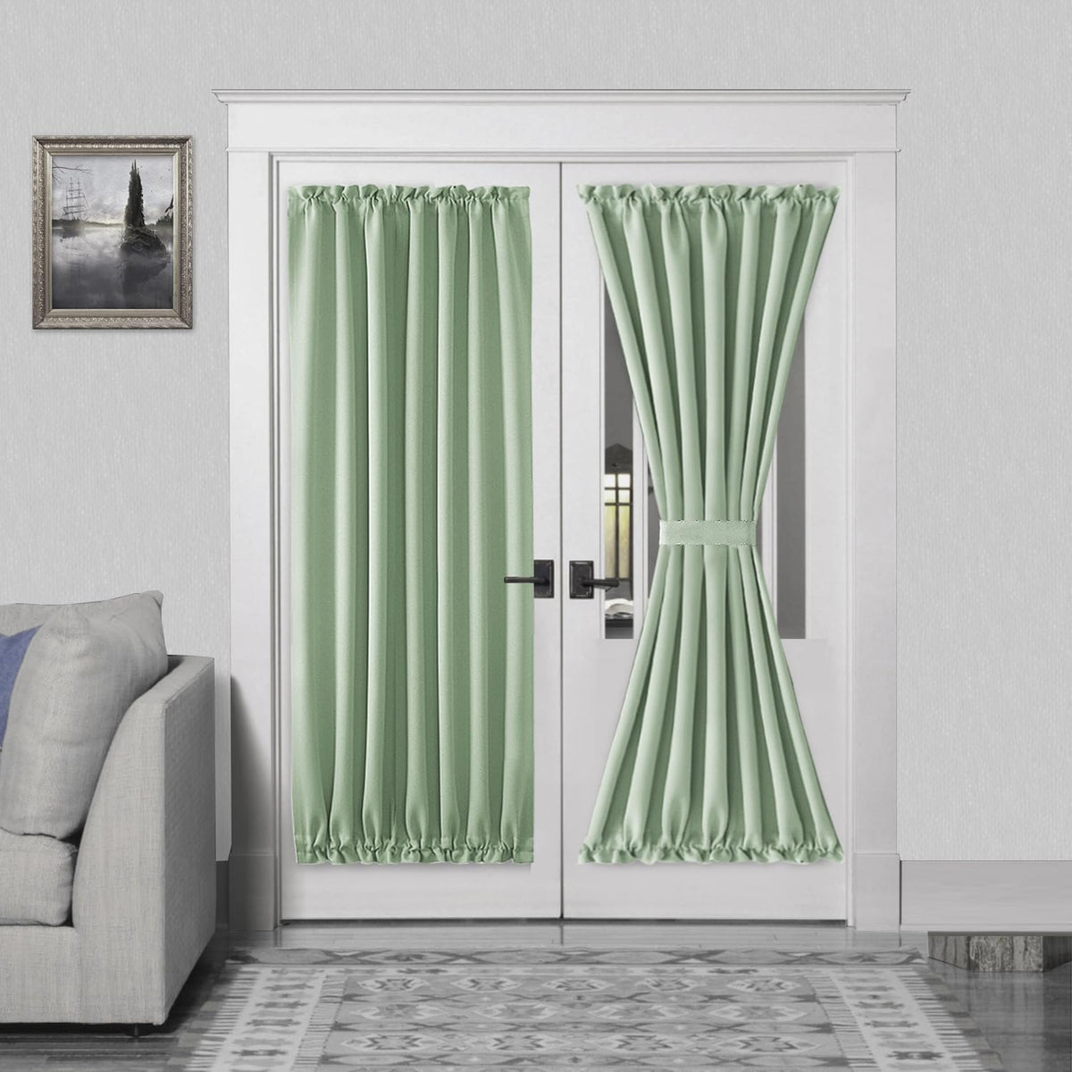 DWCN French Door Curtains – Rod Pocket Thermal Blackout Curtain for Doors with Glass Window, Kitchen and Patio Doors for Privacy, 54 X 72 Inches Long, 1 Curtain Panel with Tieback, Bean Green