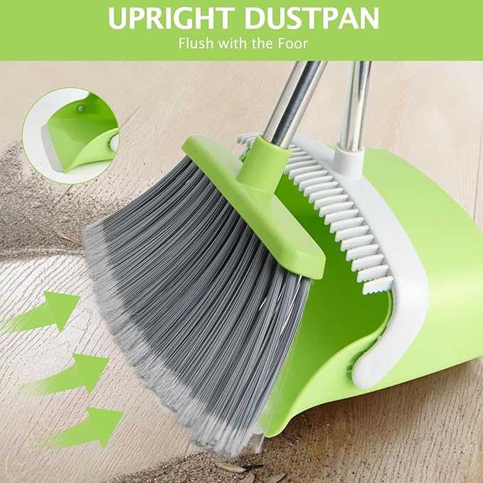 Broom and Dustpan Set, Dustpans with Broom Combo for Home, Heavy Dust Broom and Dustpan Combo, Long Handle Dust Pan and Broom Set for Kitchen, Office, Pet Hair(Gray Green)