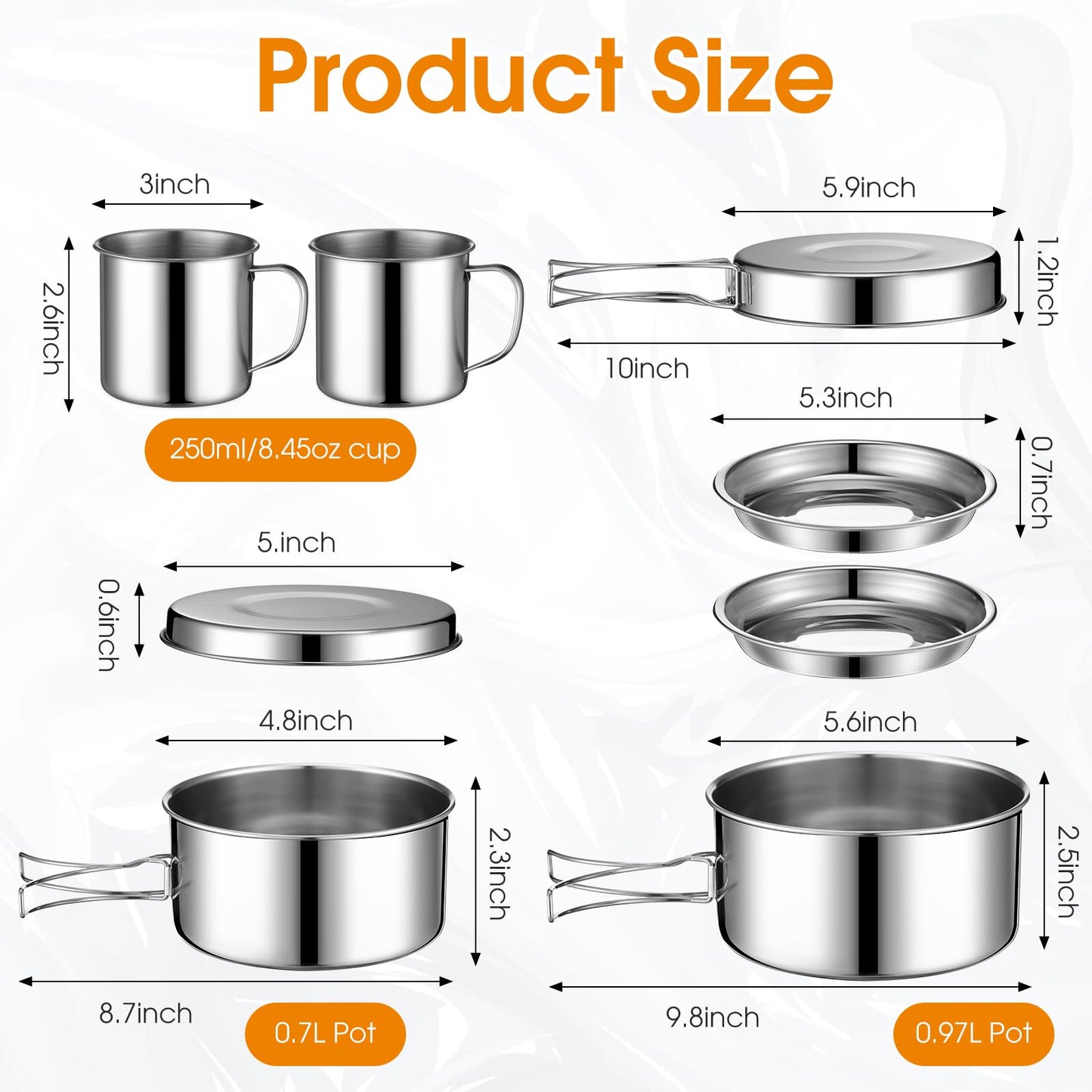 Funnymoom 14 Piece Camp Cooking Set, Stainless Steel Camping Cookware with Pot and Pan Kit 2 Set Stainless Steel Cups Plates Forks Knives Spoons for Camping, Backpacking, Outdoor Cooking and Picnic