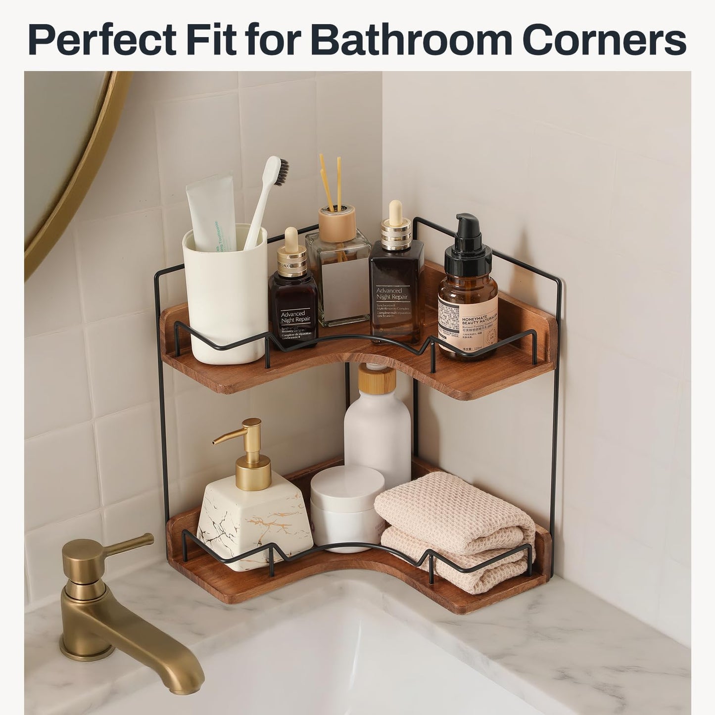 Snuvid 2-Tier Bathroom Counter Organizer, Wooden Corner Shelf for Vanity Countertop Skincare & Makeup, Storage and Organization for Kitchen