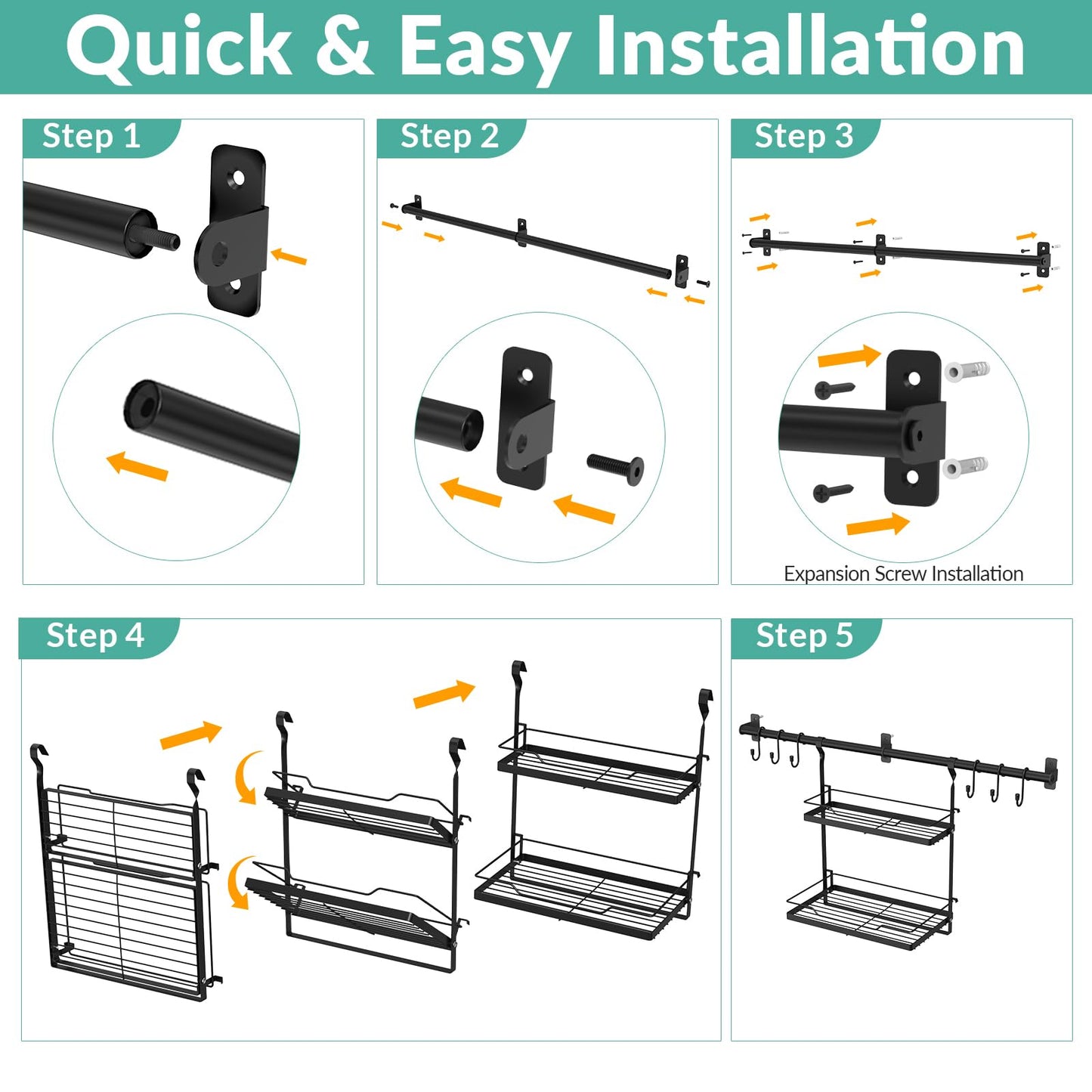 NADAMOO Spice Rack Wall Mount, 2-Tier Storage Shelf with Towel Bar, Utensil Hanger with Hooks for Kitchen, Bathroom, Pantry, Laundry, Matte Black Heavy Duty Metal Organizer