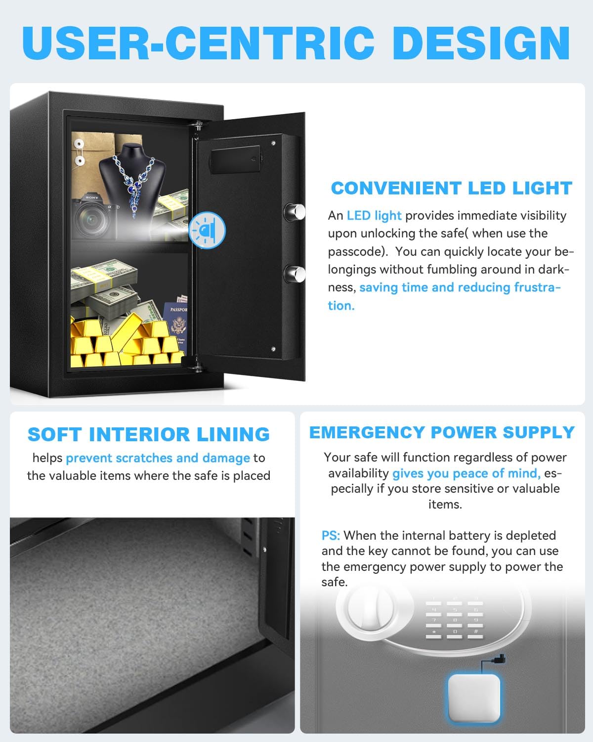 2.5 Cu Ft Large Safe Box with Fireproof Waterproof for Documents - Steel Security Personal Fire Safe with Digital Keypad, Emergency Battery Box & Combination Lock, Safety Box for Valuables Money Cash