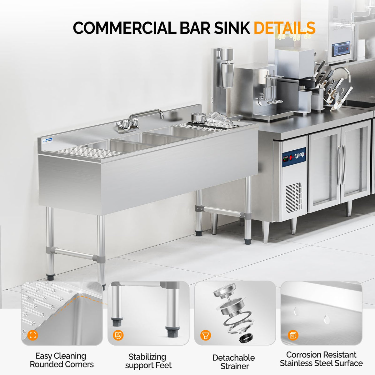 ROVSUN NSF 3 Compartments Bar Sink, Commercial Stainless Steel Underbar Sink with Double Drainboard, Freestaning Large for Kitchen, Bar, Laundry, Garage Use, 60 L x 33 W x 18.4 H