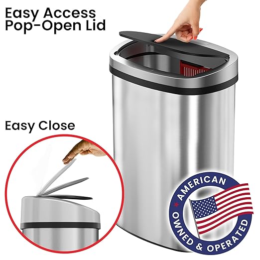 iTouchless Push-Top Lid 13 Gallon Trash Can with Odor Control System – Stainless Steel Garbage Bin, Press-Top, Soft-Close Spring Lid, Fingerprint-Resistant for Kitchen, Bathroom, Home Office, Restroom
