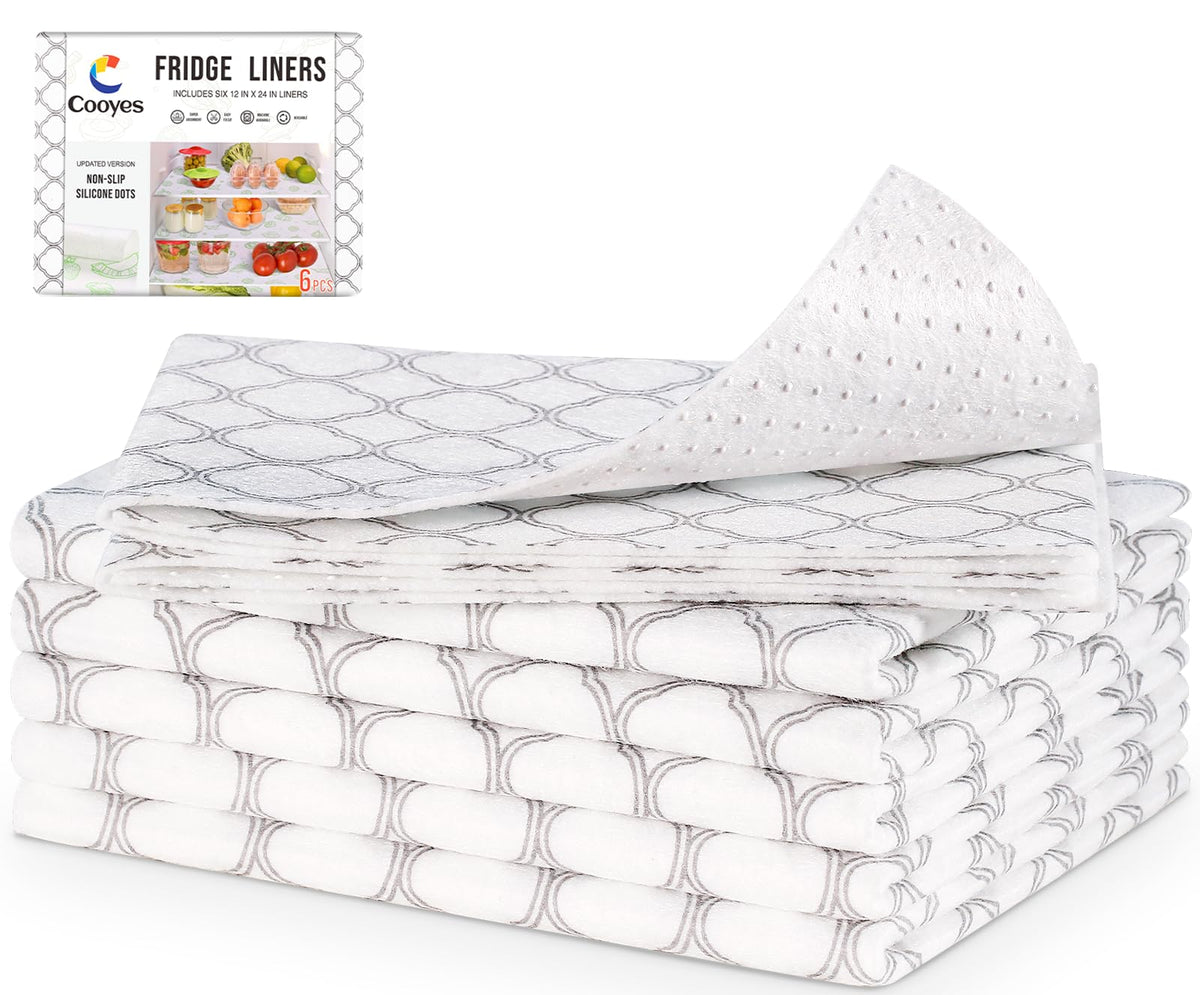 Cooyes Non Slip Refrigerator Liners, 2-in-1 Fridge Mats and Fresh-Keeping Shelf Liners, Absorbs Excess Moisture, BPA-Free, Multiple Sizes for Glass Shelves Kitchen Cabinets Drawers, 6 Pack, 12" × 24"