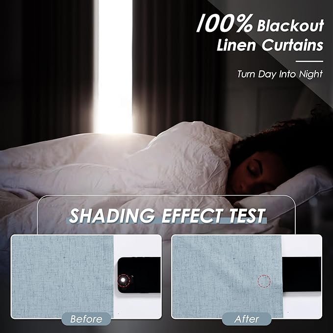 Nanspring Blue Linen 100% Blackout Curtains 95 inch Length Back Tab Rod Pocket Drapes Thermal Insulated Textured Living Room Black Out Curtains 2 Panels Set 52x95