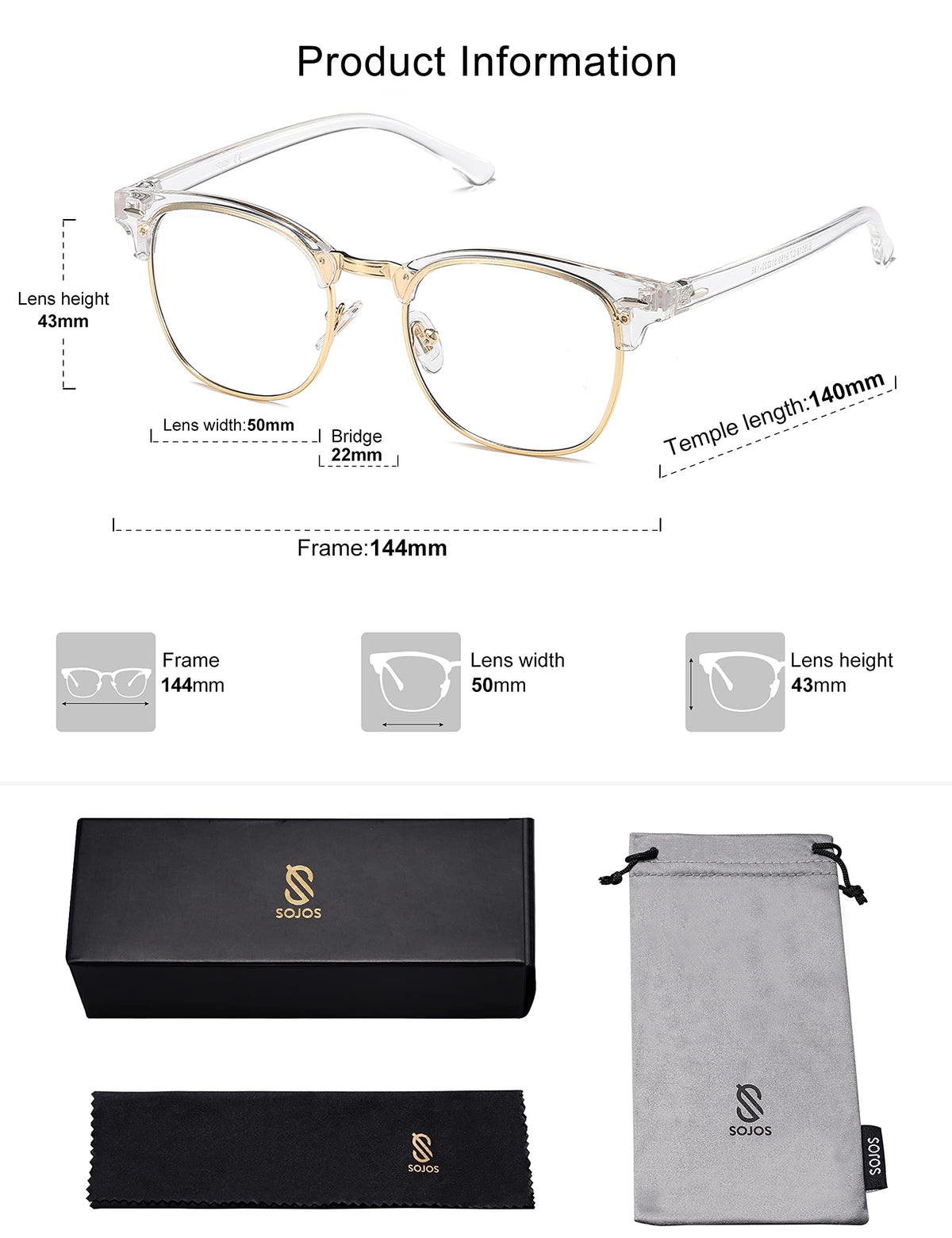 SOJOS Retro Semi Rimless Blue Light Blocking Glasses Half Horn Rimmed Eyeglasses SJ5018, Clear Frame/Gold Rim