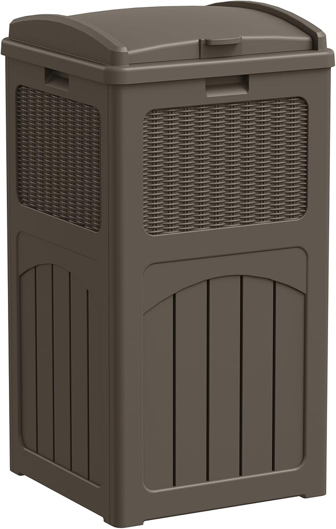 Greesum 33 Gallon Outdoor Trash Can with Lid, Waterproof Resin Garbage Bin for Hideaway, Deck, Patio, Brown