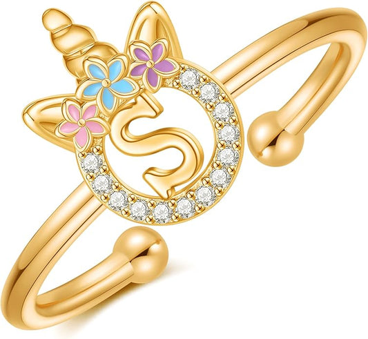 Unicorn Rings Gifts for Girls - Adjustable Initial Ring Dainty Cute Unicorn Rings for Girl Teens Little Girls Jewelry Birthday Gift