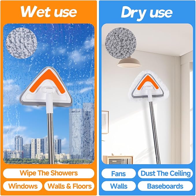 Wall Mop Cleaner with Long Handle,94” Multipurpose Wall Duster,Ceiling Mop,Window Mesh Screen Cleaner with Squeegee,Wall Cleaner Mops with 6 Replacement Pads for Painted Walls,Floor,Baseboard,Glasses