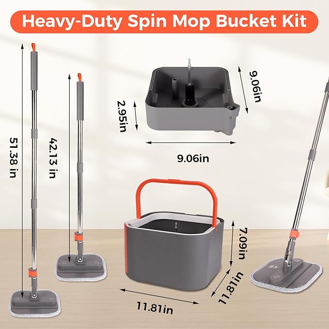 Spin Mop and Bucket Set, 360 ° Rotating Floor Mop with Separation Dirty and Clean Water System, Square Floor Cleaner for Mopping with Handle, Cleaning Brush and 2 Washable Ultra-fine Fiber Pads