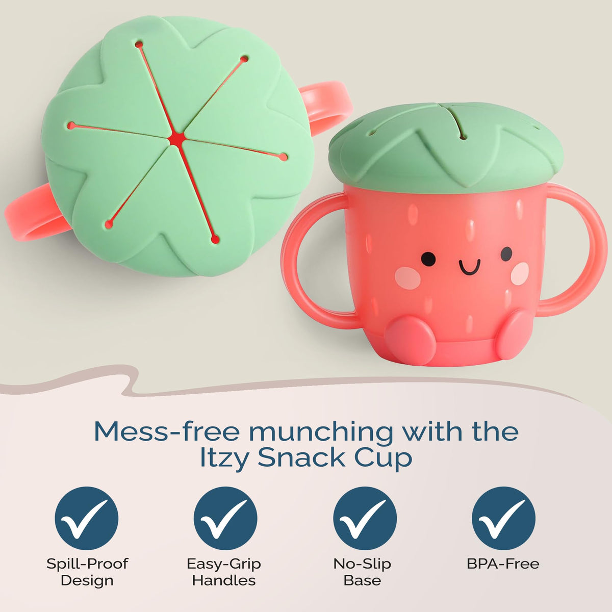 Itzy Ritzy Toddler Snack Cup - Spill-Proof Snack Cup for Toddlers with Soft Silicone Lid for Easy Food Access - Easy-To-Hold Kids Snacks Container With Handles - Ideal for 12 months & Up (Strawberry)