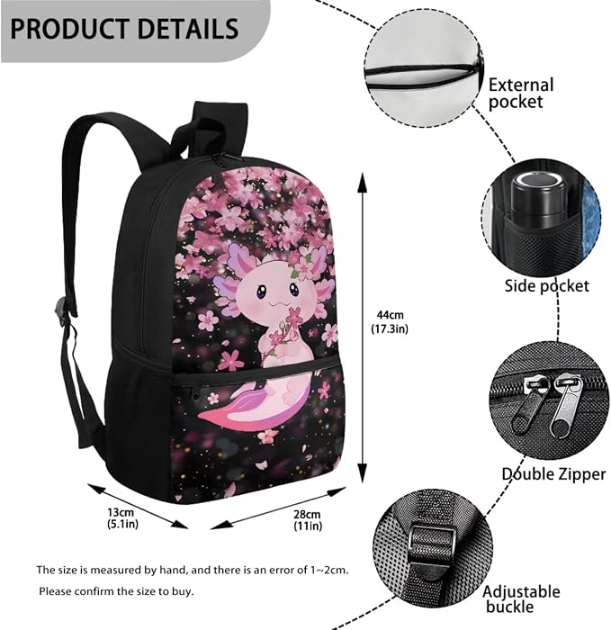 Axolotl Backpack for Girls School Bag with Lunch Bag Pencil Case Water Bottle Holder Large Capacity Boys School Bookbag Lightweight Daypack for Travel Picnic Rucksack Knapsack Set 4 in 1