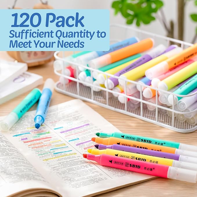120 Pcs Highlighters Bulk 6 Assorted Colors Chisel Tip Pack Highlighter Set Fluorescent Highlighters Quick Drying Highlighter Markers Pens for School Classroom Office Home