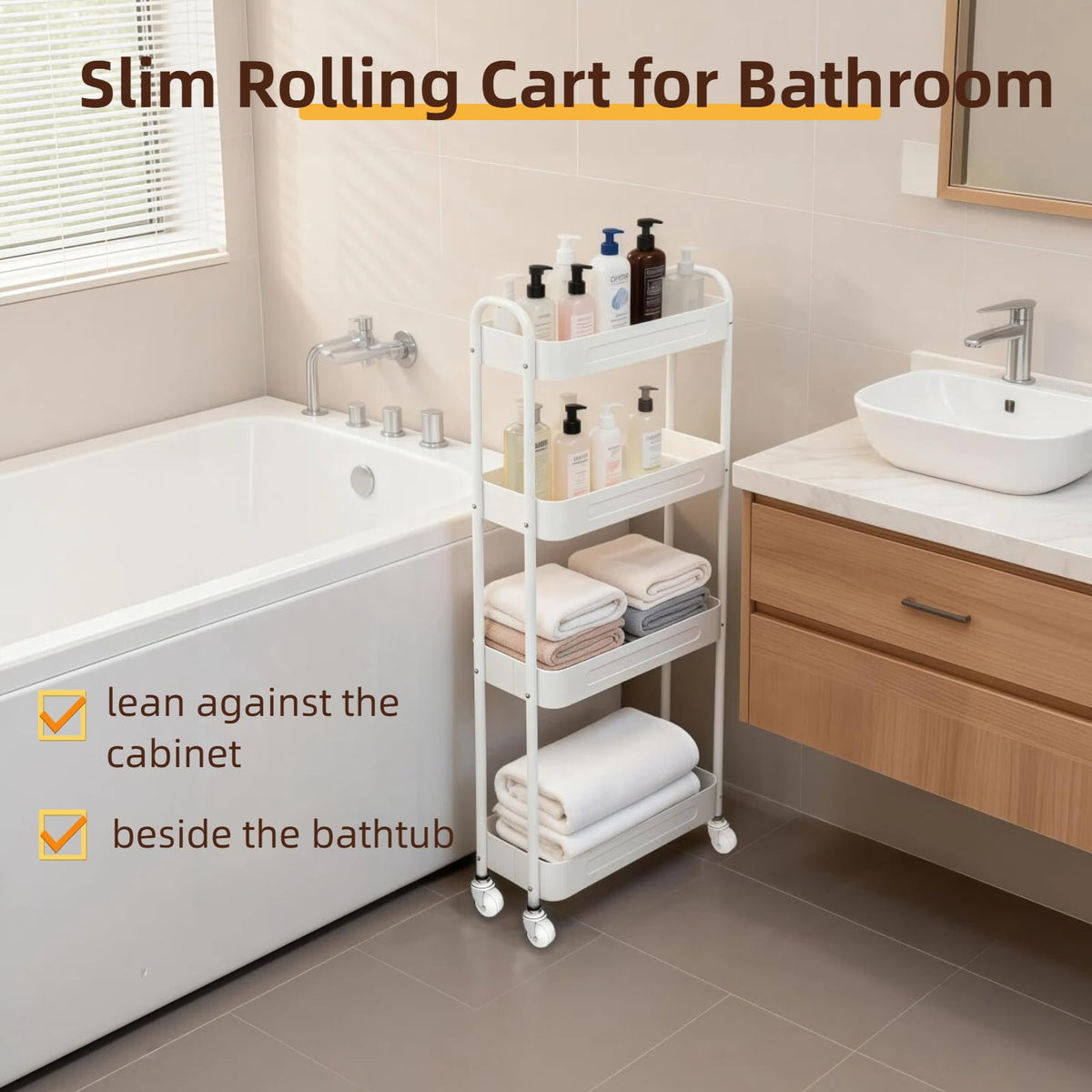 LIWNYRK 4 Tier Slim Kitchen Storage Cart for Narrow Space, 7.1'' Wide Metal Rolling cart with Wheels and Lockable Casters, Sturdy Mobile Thin Shelf for Laundry Room Between Washer and Dryer, White