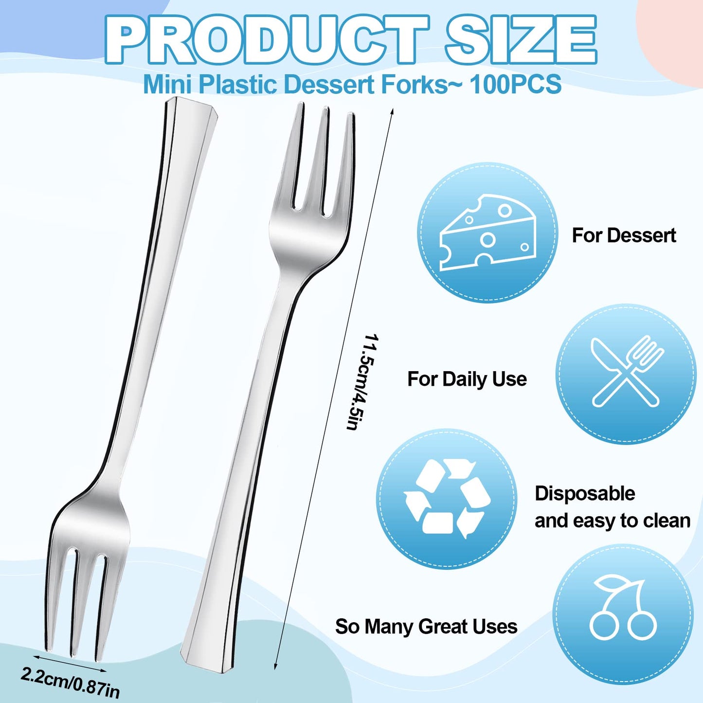 100PCS Silver Plastic Mini Forks, 4.5 Inch Disposable Dessert & Appetizer Forks