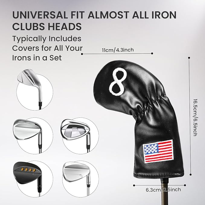 Golf Iron Covers Set US Flag Leather for Irons Value 11 Pack, Long Neck Protector Number Headcover, Universal Head Cover Fit Main Iron Clubs for Men Women Golfer