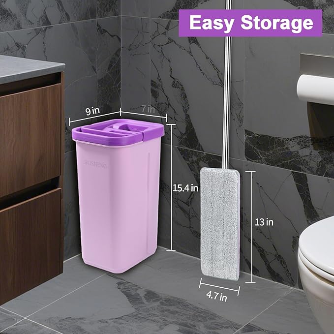 Mop and Bucket with Wringer Set, Hands Free Flat Floor Mop and Bucket, 3 Washable Microfiber Pads Included, Wet and Dry Use, Home Floor Cleaning System for All Floor Types and Windows, Purple