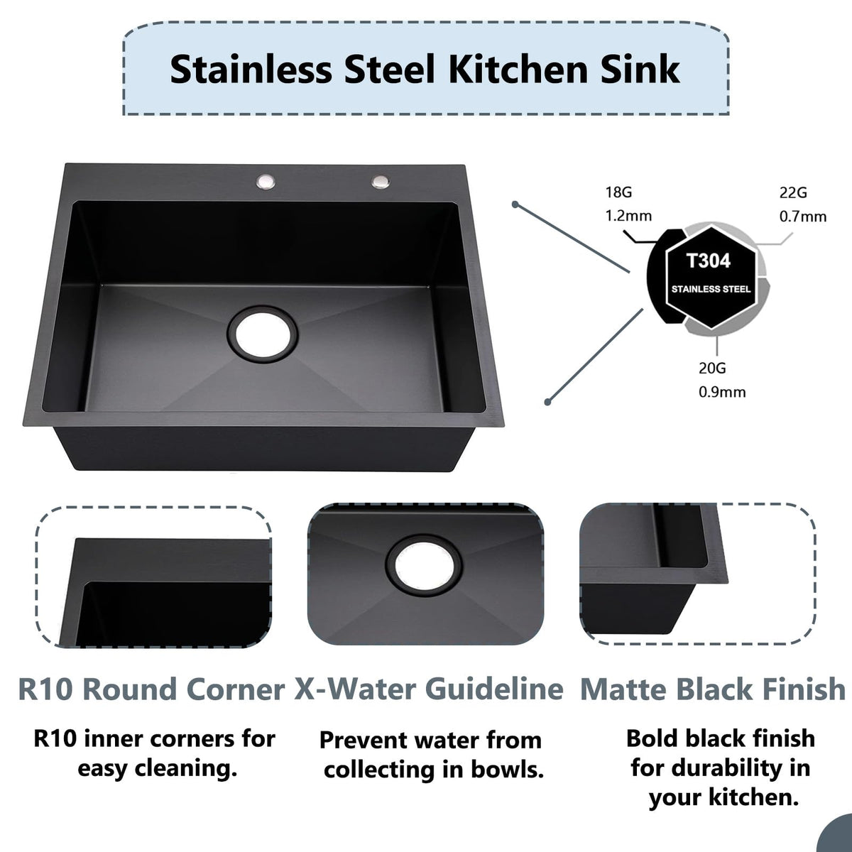 COMLLEN 33"x22"x9" Black Drop In Kitchen Sink, Top Mount SUS304 Stainless Steel Gunmetal Black 18 Gauge Large Commercial Modern Handmade Kitchen Sinks with Drain