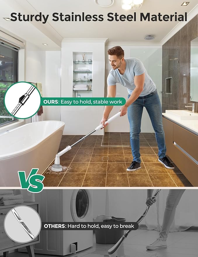 kHelfer Electric Spin Scrubber Kh8, Upgrade Cordless Shower Scrubber 8 Replacement Head, 1.5H Bathroom Scrubber Dual Speed, Shower Cleaning Brush with Extension Arm for Bathtub Tile Floor