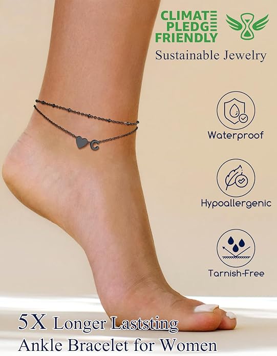 Suplight Stainless Steel Initial Ankle Bracelets for Women Layered Dainty Heart Anklet Beaded Anklets for Women Waterproof Plus Size Ankle Foot Chain Summer Essentials Jewelry(with Gift Box)