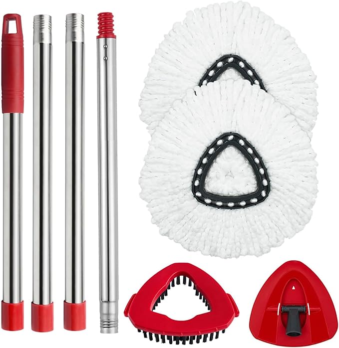 Spin Mop Head Replacement, Base, Mop Handle Compatible for O-Cedar EasyWring - Include 2 Microfiber Refills, 4-Section 30-59in Handle, 1 Cover and 1 Scrubber (1-Tank System)