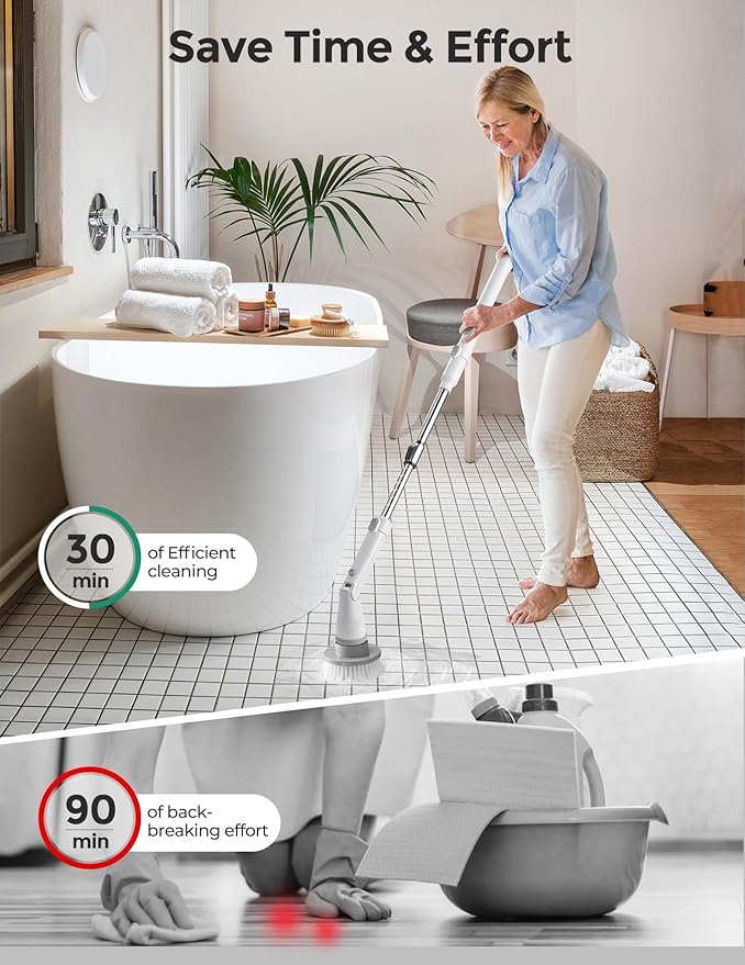 kHelfer Electric Spin Scrubber Kh8, Upgrade Cordless Shower Scrubber 8 Replacement Head, 1.5H Bathroom Scrubber Dual Speed, Shower Cleaning Brush with Extension Arm for Bathtub Tile Floor
