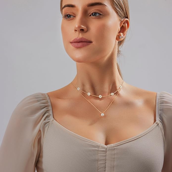 Zeffy Gold Pearl Necklace for Women, Dainty 14K Gold/Silve Plated Layered Pearl Choker Pearl Earrings Pearl Bracelets Wedding Trendy Gold Jewelry Set for Women Gifts