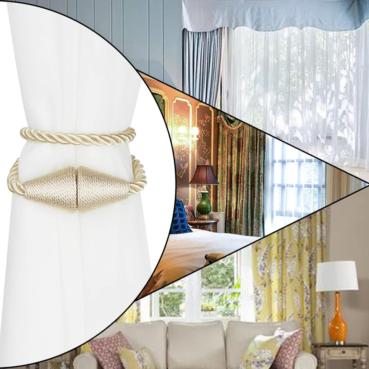 4 Pack Magnetic Curtain Tiebacks Rope Modern Handmade Curtain Tie Backs Decorative Drapes Weave Holdbacks for Window Décor, Beige