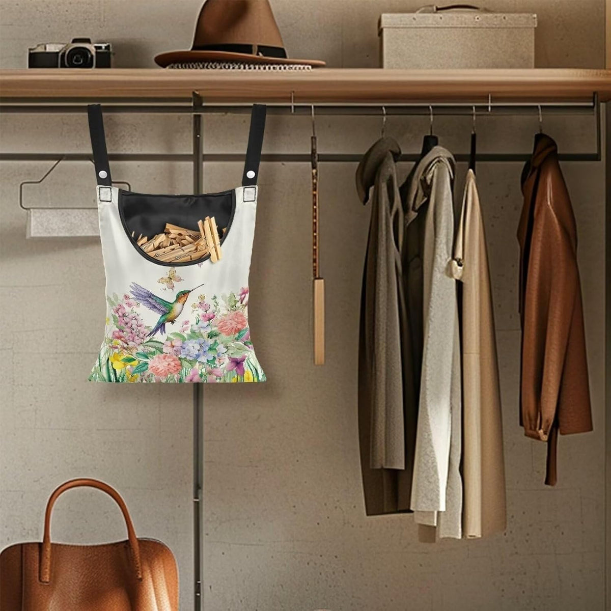 Hummingbird Handy Clothespin Bags Floral Space-Saving Clothespin Storage Hanger Bag, Hanging Storage Organizer with Hanging Rope for Home Outdoor Supply