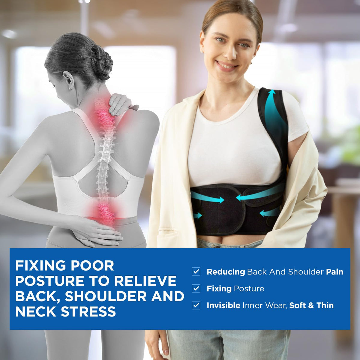 Vicorrect Posture Corrector for Women and Men: Back Brace Support - Shoulders Straightener Relieve Upper Back Pain (Black, Large)