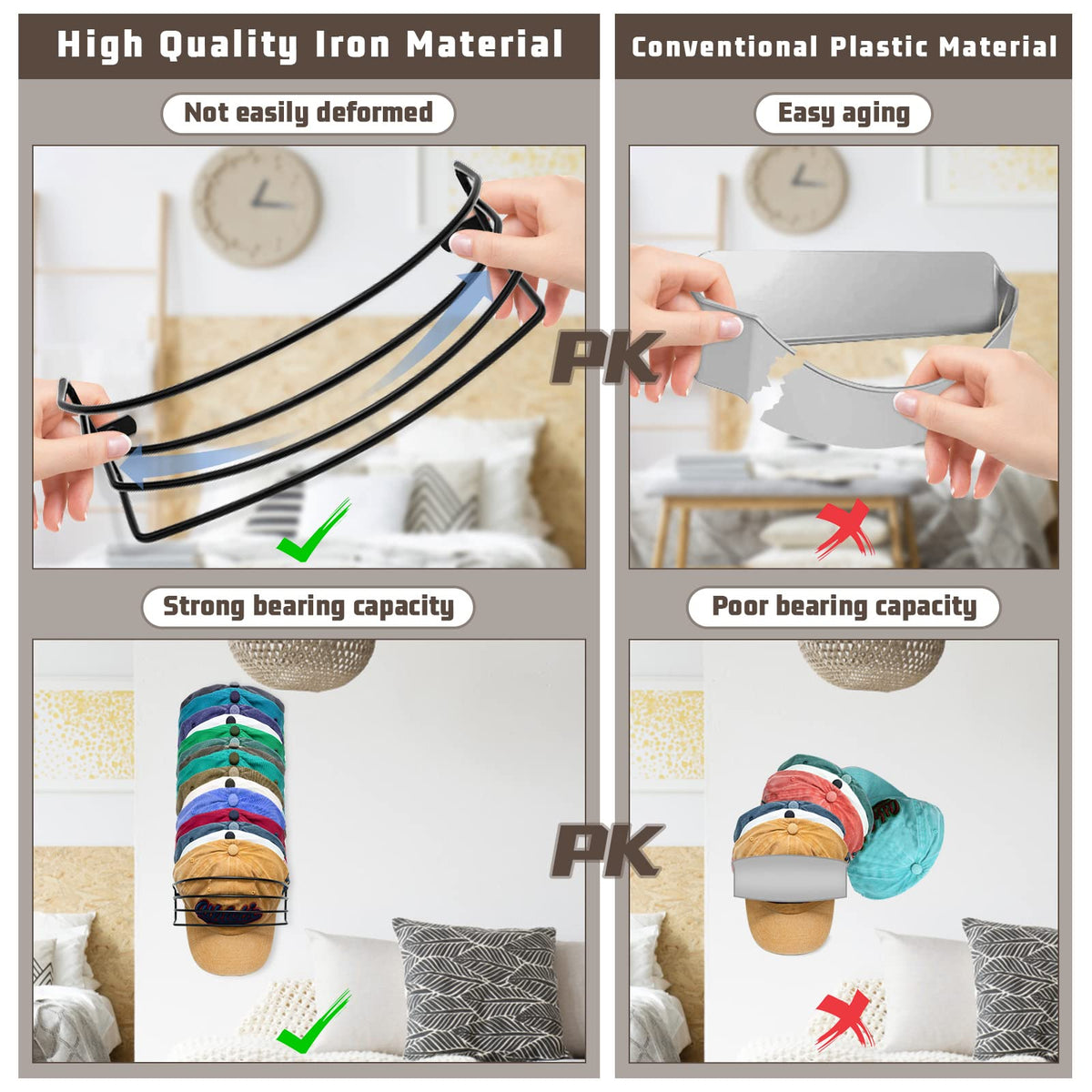 Fikoksol Hat Organizer for Baseball Caps, 2-Pack Black Metal Hat Rack Ball Cap Storage Organizer Hold Up to 30 Caps Hat Holder for Wall Door Closet, Wall Mounted & Adhesive Installation Option
