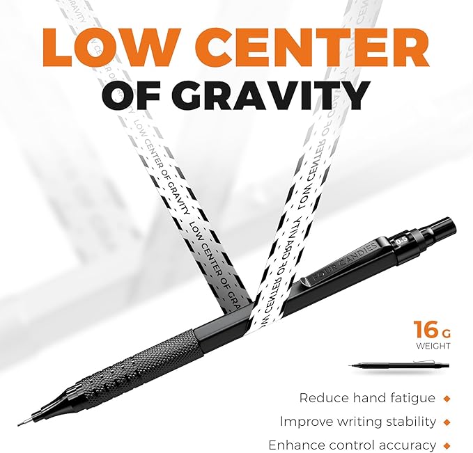 Four Candies 2PCS Metal Mechanical Pencils Set with Case, 0.5mm & 0.7 mm Artist Pencil with 6 Tubes (360PCS) HB Lead Refills, 3 Erasers,9 Eraser Refills For Writing Drafting, Drawing, Black