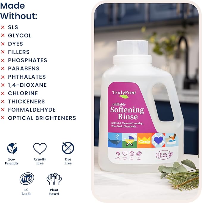 Truly Free Natural Fabric Softener for Sensitive Skin, Baby, Kids | Clean Easy Powder to Liquid Laundry Softener | Lavender Eucalyptus, Septic Safe | 1 Pack Fabric Softner + 1 Refillable Jug, 50 Loads