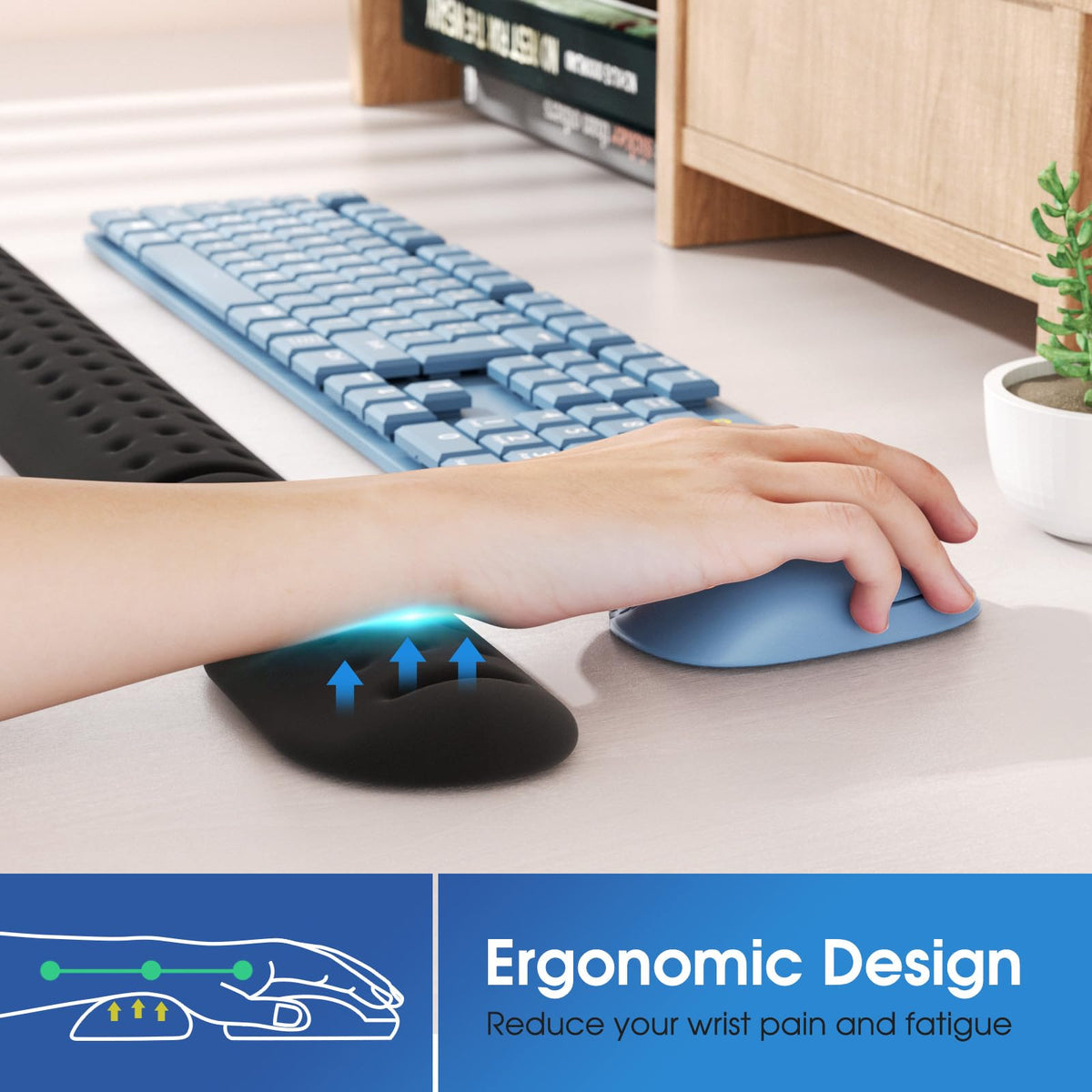 KTRIO Memory Foam Keyboard Wrist Rest Set, Ergonomic Keyboard Mouse Wrist Support for Typing Pain Relief, Stain Resistant, 2 Pcs Pad, Black