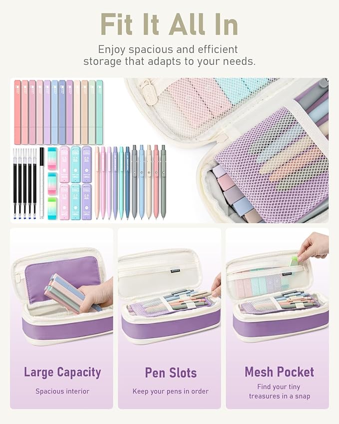 Four Candies 39 PCS Aesthetic School Supplies with Cute Pen Case, 12 Pastel Highlighters, 5 Black Ink Gel Pens, 6 Mechanical Pencils Set 0.5 & 0.7mm for Students Stationary College Essentials (Purple)