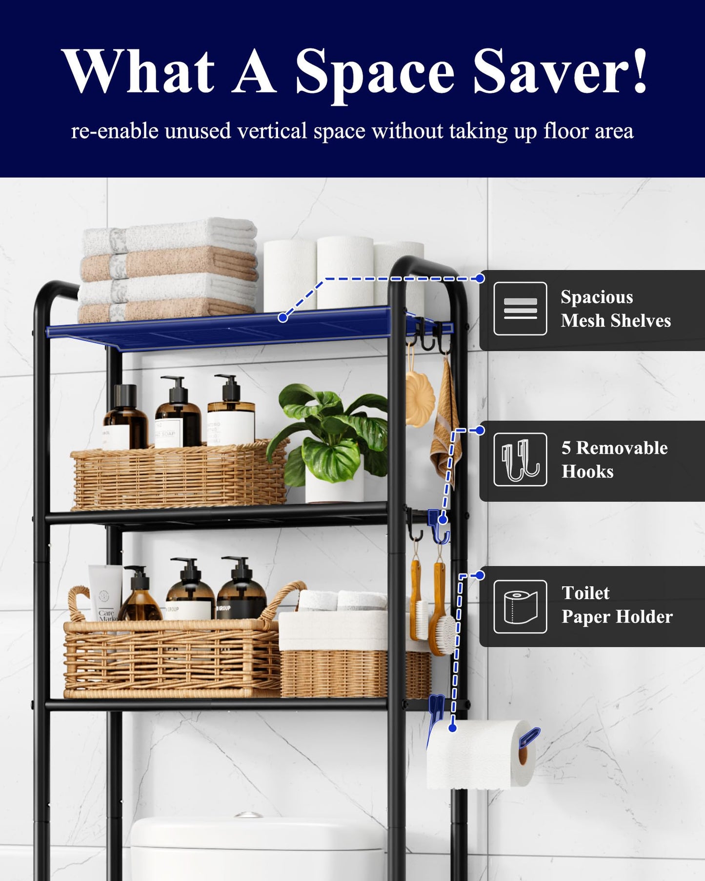 Kitsure Over Toilet Storage Rack - Metal Over Toilet Bathroom Organizer Shelf, Over the Toilet Storage Cabinet with Paper Holder and Hooks, Bathroom Cabinet for Laundry, Black, 3 Tiers (63.2" H)