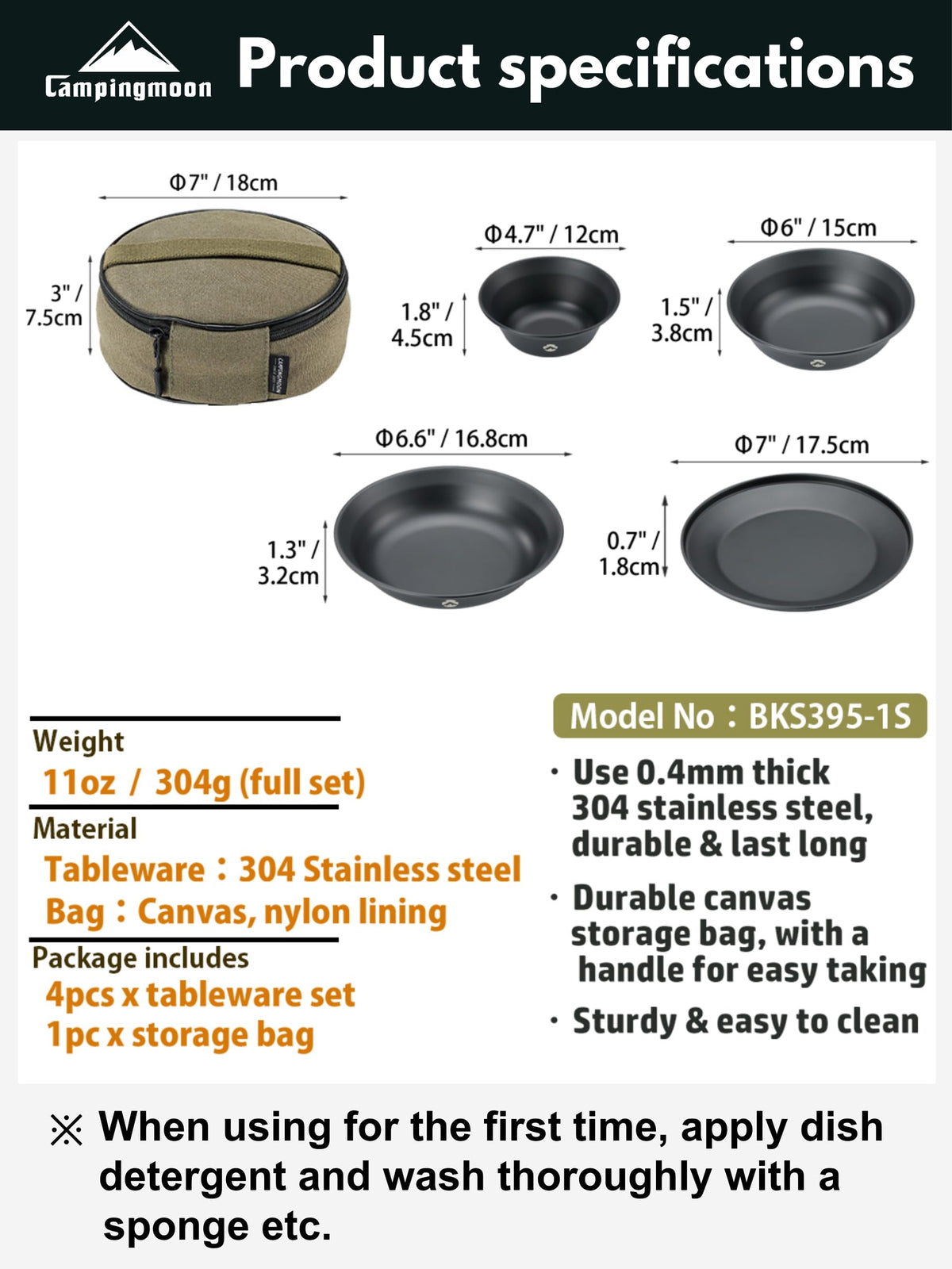 CAMPINGMOON Camping Tableware Set Stainless Steel Camping Plates Bowl Stackable Outdoor Dinnerware Canvas Carry Case Camping Hiking Picnic (4, Black (Titanium Oxide Coating))