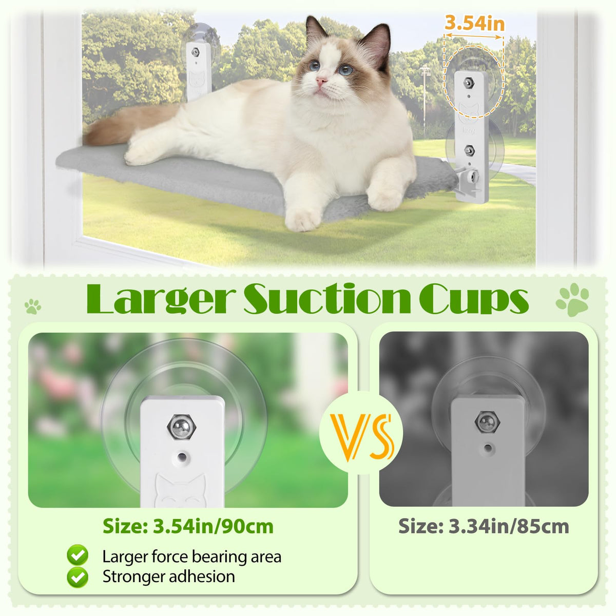keny Cordless Cat Window Perch, Foldable Cat Window Hammock with 4 Suction Cups, Reversible Cover with Two Different Kinds of Fabrics, 40Lbs Load Capacity Sturdy Cat Window Bed for Cats Inside, Grey