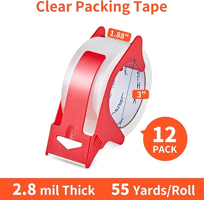 JARLINK 12 Rolls Clear Packing Tape with 2 Dispensers, Heavy Duty Packaging Tape Refills for Shipping Packaging Mailing, 2.8mil Thicker, 1.88 inches Wide, 55 Yards Per Roll, 660 Total Yards