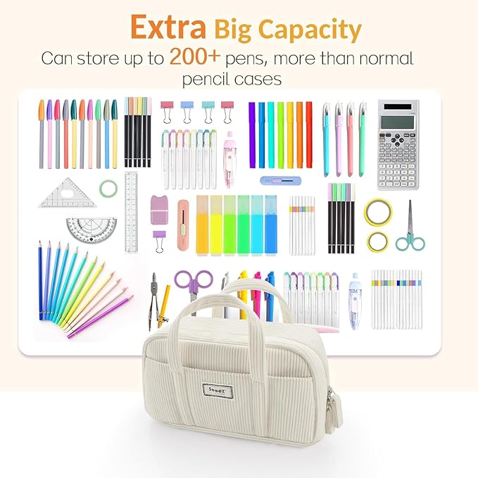 Sooez Large Pencil Case Pouch, Extra Big Pencil Bag with 5 Compartments, Pen Bag Wide Opening, Soft Corduroy Pencil Pouch Organizer with Zipper, Cute Aesthetic School Supplies for Teen Girls-Sky Blue