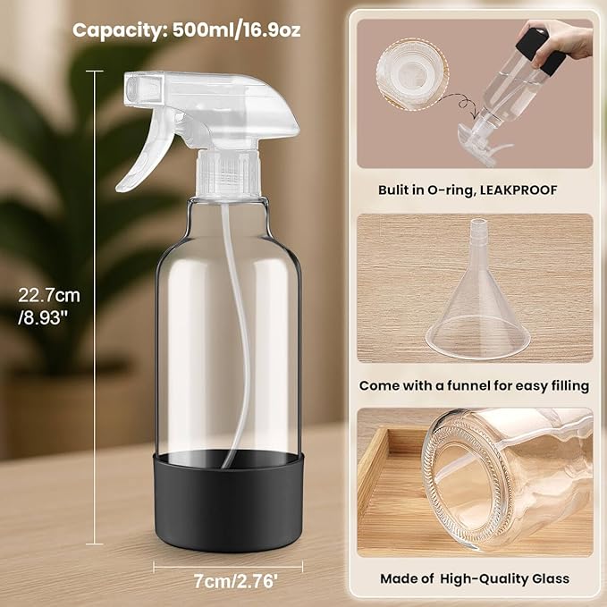 Glass Spray Bottles with Silicone Sleeve 16.9oz 2 Pack Empty Spray Bottle for Hair Mist/Stream Spraying for Cleaning Solutions, Plants, Essential Oils (clear-grey&black)