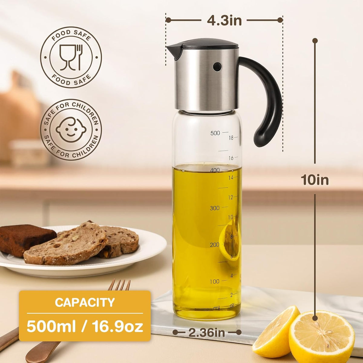 Vucchini Large Olive Oil Dispenser Bottle 17 oz - Auto Flip Condiment Container - Leakproof Vinegar Dispenser Glass Cruet Stainless Steel