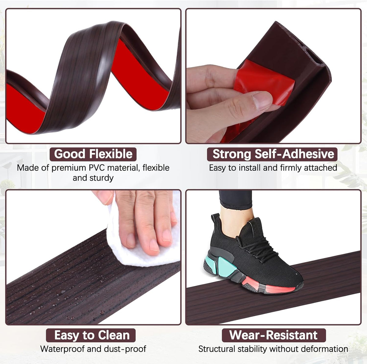 Vinyl Door Threshold Flooring Transition Strip Self Adhesive Carpet Edging Strip for Laminate Doorway Edge Threshold from 2/5" to 3/5" (Black Walnut Wood Grain, 6.6 Ft)