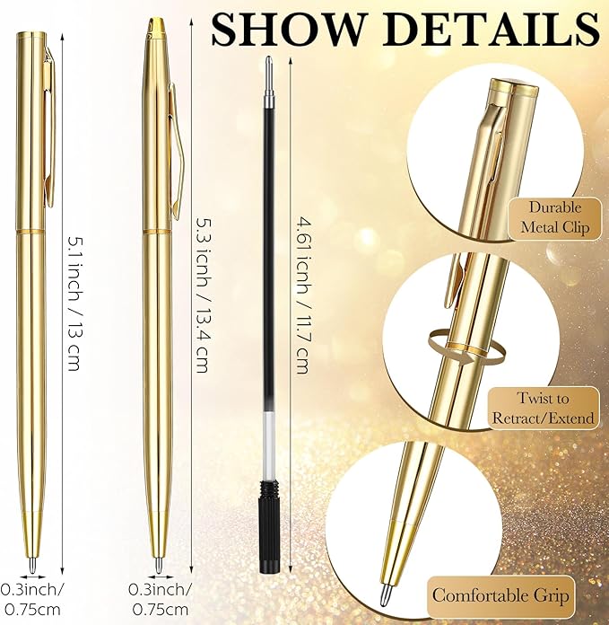 Fuutreo 25 Pack Wedding Gold Pens Bulk Gold Metal Pens Slim Ballpoint Retractable Ballpoint with Black Ink Mini Conical for Wedding Favors Guests, Office Business Teachers,1.0 mm