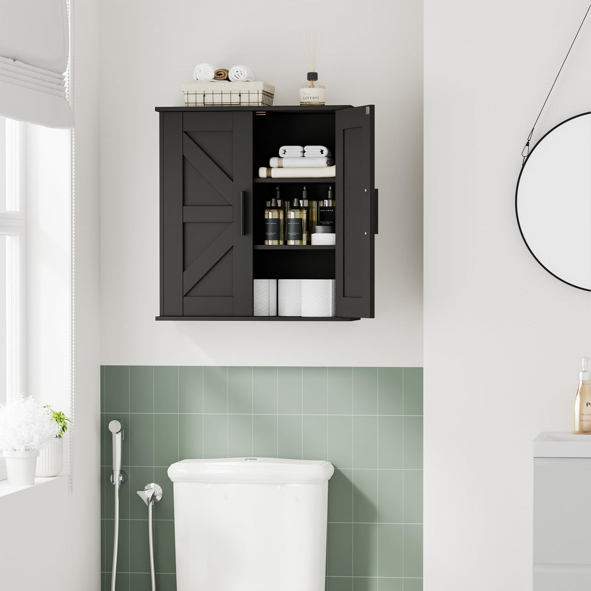 Homleke Bathroom Wall Cabinet, Over Toilet Storage Cabinet with Barn Doors and Adjustable Shelves, 3-Tier Medicine Cabinet Wall Mounted, for Bathroom, Kitchen, Entryway, Laundry Room, Black, (7.9" D)