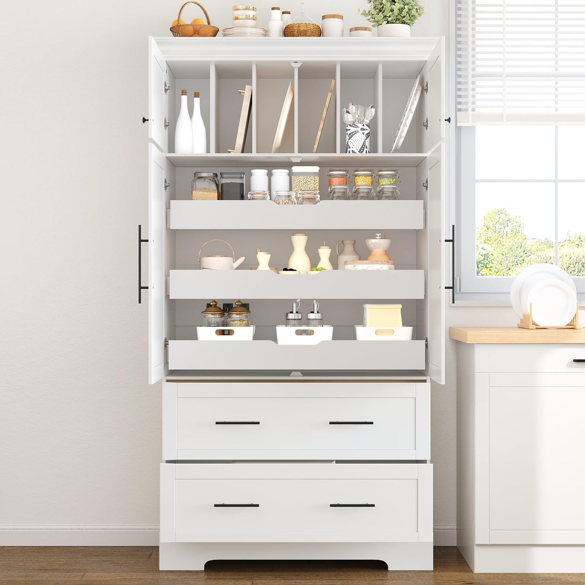 Merax 72.6" Farmhouse Kitchen Pantry Cabinet with Pull-Out Trays & Drawers, Freestanding Pantry with Cake Pan Storage, 4-Door Shaker Style Storage Cabinet, 40" L x 18" W, White