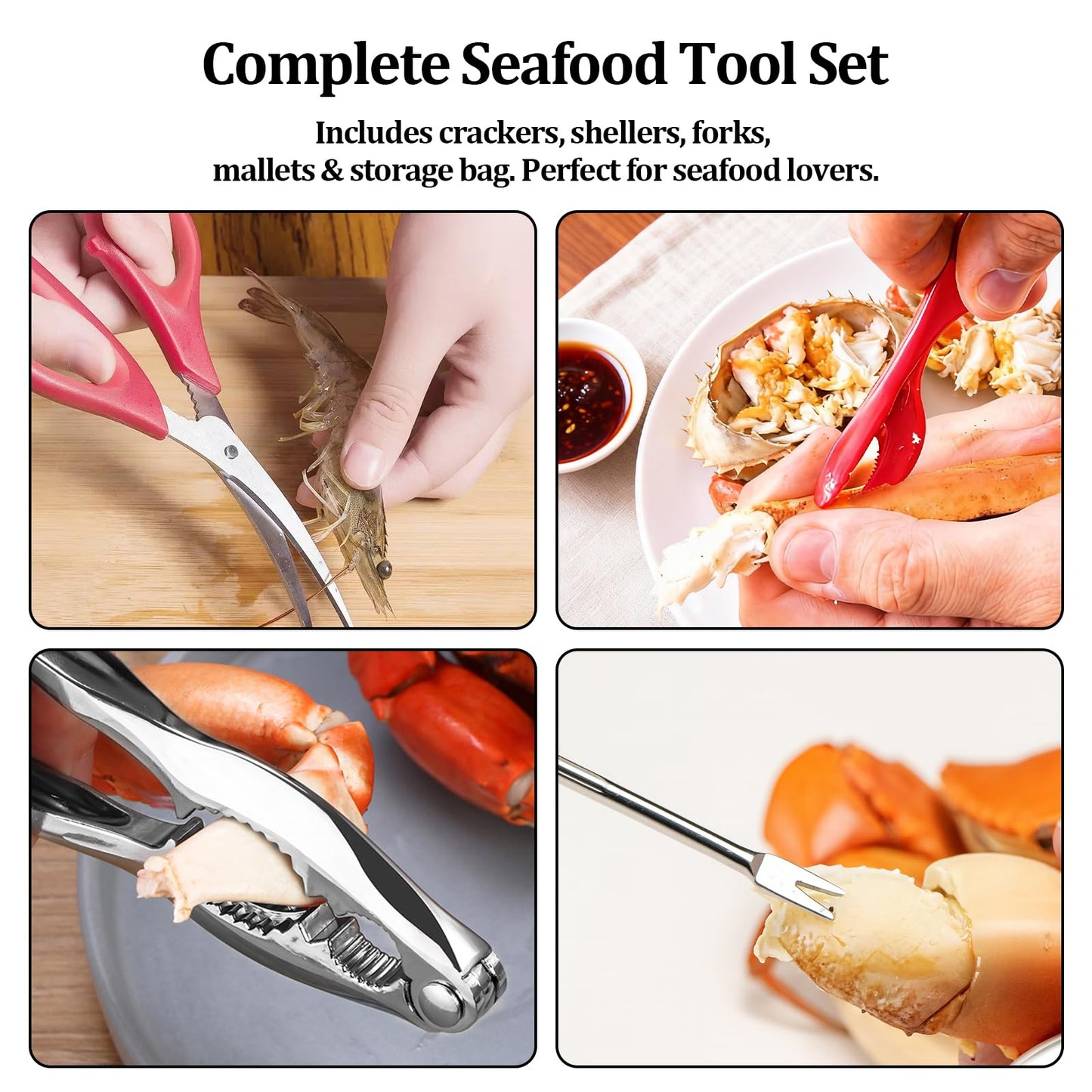 9 PCS Seafood Cracker Tool Set, Including 2 Lobster Sheller, 2 Stainless Steel Crab Crackers, 2 Crab Leg Fork, 2 Scissors and Storage Bag for Seafood Boil Party Supplies, Ideal Gift for Friends